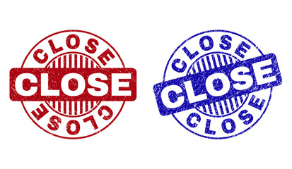 Grunge CLOSE round stamp seals isolated on a white background. Round seals with grunge texture in red and blue colors. Vector rubber watermark of CLOSE caption inside circle form with stripes.