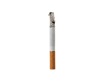 close-up cigarette isolated on a white background . yellow filter burning cigarette isolated on...