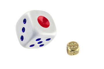Two gaming dice white and gold isolated on white. Six golden and white flying in the air, top view.