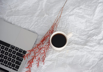Laptop put beside ceramic coffee cup and dried flower,working time,