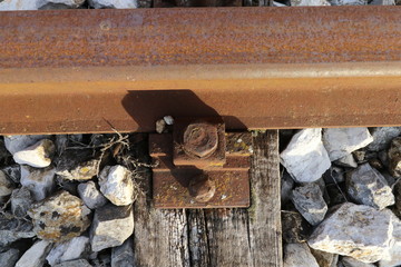 Top view on Train Tracks. Close up of train tracks. Railway close up, Train tracks, Rail-train infrastructure. Railway close up. Direction, journey.