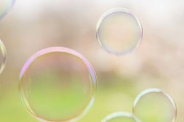 Soap bubbles fly up on natural background of spring garden