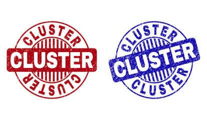 Grunge CLUSTER round stamp seals isolated on a white background. Round seals with grunge texture in red and blue colors. Vector rubber imprint of CLUSTER tag inside circle form with stripes.