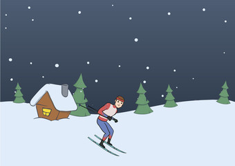 Fototapeta na wymiar Cross-country skiing, winter sport. Happy young man skiing on rural evening background. Vector illustration.