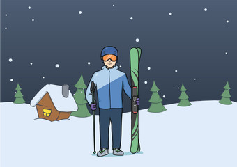 Mountain skiing, winter sport. Happy young man with skis standing on rural evening background. Vector illustration.