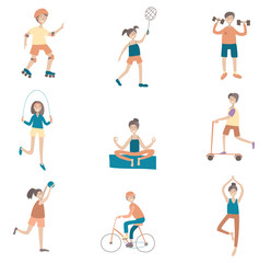 Active lifestyle, sports entertainment outdoors. Set of poses and characters. Flat vector illustration. Isolated on white background.