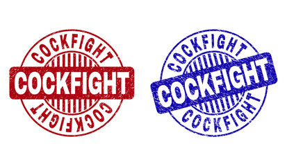 Grunge COCKFIGHT round stamp seals isolated on a white background. Round seals with distress texture in red and blue colors. Vector rubber overlay of COCKFIGHT tag inside circle form with stripes.