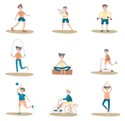 Active lifestyle, sports entertainment outdoors. Set of poses and characters. Flat vector illustration. Isolated on white background.
