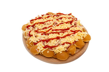 Pizza on the Hong Kong waffle, on a wooden platform, on white background. Use for the design of food sites, blogs, menus