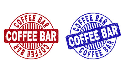Grunge COFFEE BAR round stamp seals isolated on a white background. Round seals with grunge texture in red and blue colors.