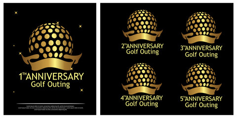 Anniversary golf outing logo. Set of gold icons isolated on black