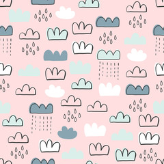 Cute seamless pattern for kids, baby apparel, fabric, textile, wallpaper, bedding, swaddles with stars, clouds, hearts, moon