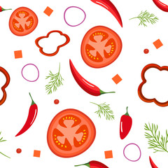 Seamless pattern on white background with red vegetables. Tomatoes, paprika, hot peppers, onions and dill. Vector illustration.