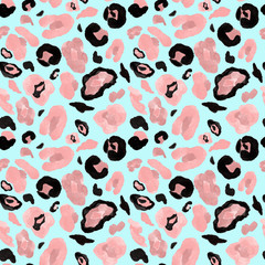 Animal skin seamless pattern on pale blue background.Watercolor hand painted leopard endless print with beige, pink and black spots for textile, clothes, fabric, Exotic african wallpapers. 