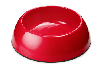 Pet feeding red bowl, isolated on white background