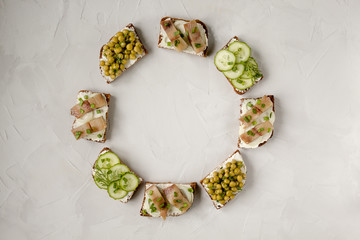 traditional Danish smorrebrod with different fillings. Healthy food. Copy space, top view