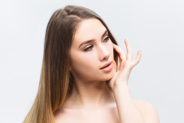 Fototapeta premium Young adult,.Spa girl beautiful portrait, fresh healthy skin, skincare and cosmetology concept, rejuvenation and treatment .