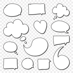 Set of cute speech bubble with text in doodle style. Vector creative illustration of Speech Bubbles, clouds on isolated white background. Thin speech bubble style design for promotion. 