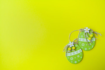Easter eggs on a yellow background. View from above. Copy Space , space for text.