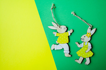 Easter Bunny on a yellow background. View from above. Copy space, space for text.