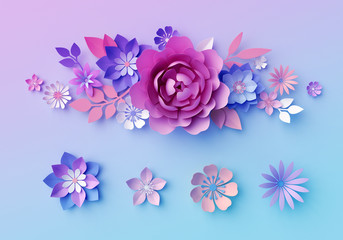 Fototapeta premium 3d render, digital illustration, decorative paper flowers isolated on pink, floral clip art, bunch, bouquet, pastel color botanical wallpaper, greeting card template, minimal background