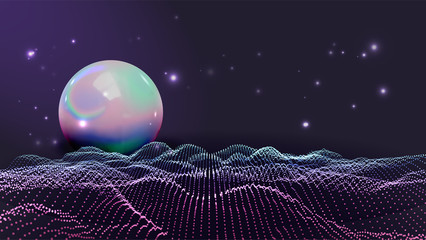 Rave, Retro, Futuristic Style Waves Vector Background. Rave Party, Discotheque Banner Backdrop. Abstract Shiny Sphere And Hills. Electronic Music, Disc Jockey Festival, Concert 3D Illustration