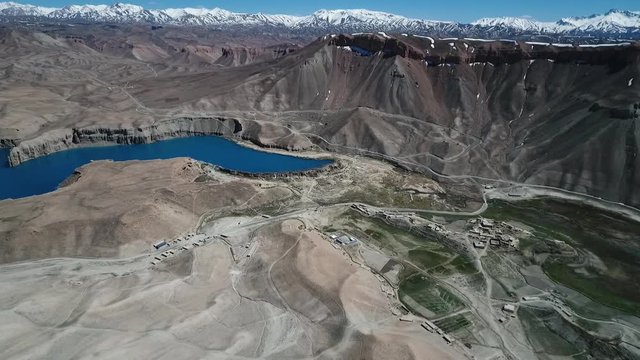 Band-e Amir Lakes. Band-e Amir National Park, Bamyan Province, Afghanistan. Aerial. Birds eye view. Pan left. Rotation.