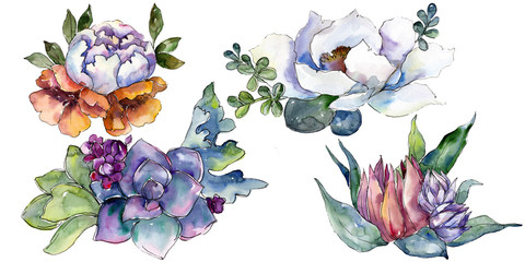 Fototapeta na wymiar Bouquets floral botanical flowers. Watercolor background illustration set. Isolated bouquet illustration element.