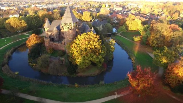 4k aerial drone video of castle Linn in Krefeld, Germany