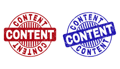 Grunge CONTENT round stamp seals isolated on a white background. Round seals with grunge texture in red and blue colors. Vector rubber imprint of CONTENT caption inside circle form with stripes.
