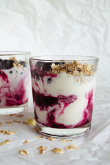 Ice cream with berries and muesli.  Ice cream in a glass with currants, berry jam and muesli on a white background. Close-up. 