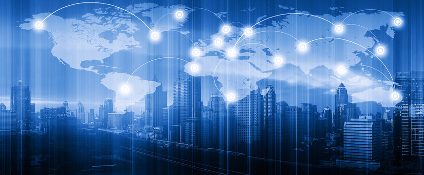 Double exposure of world map connection and blurred cityscape. Technology and network connection concept. World map element of this image furnished by NASA.