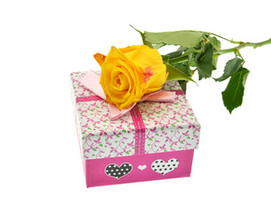 gift box with bow and yellow rose  isolated on white background
