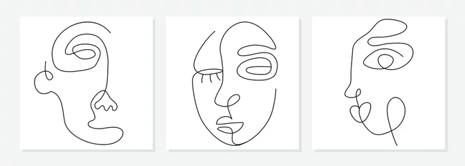 Eine Linie, die abstraktes Gesicht zeichnet. Modernes einzeiliges Kunstporträt von Mann und Frau, minimalistische Kontur. Ideal für Wohnkultur wie Poster, Wandkunst, Tragetasche, T-Shirt-Druck, Aufkleber, Handyhülle. Vektor © Dasha D