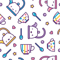 Kawaii tea cups and kettles seamless pattern cute pastel