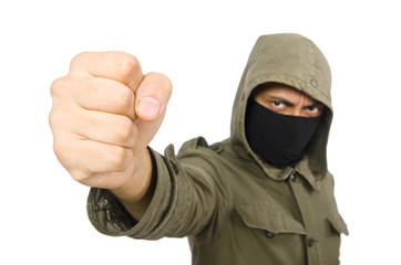 Criminal wearing mask isolated on white