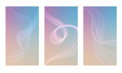 Set of vertical abstract color backgrounds with blurred flow effect. Screen wallpaper template is soft pink, blue and beige gradient. Vector illustration.