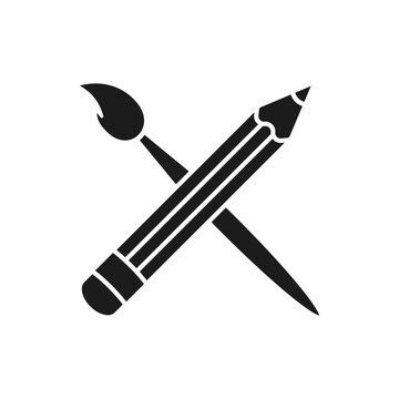 Art brush and pencil crossed icon. Flat design. 