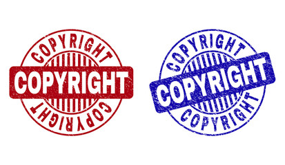 Grunge COPYRIGHT round stamp seals isolated on a white background. Round seals with distress texture in red and blue colors.