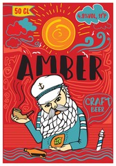 Vintage craft beer label whit sea elements. Amber beer.