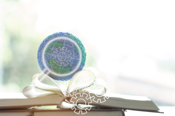 SEO search engine or E-book online learning for study concept with Magnifying glass with gear...