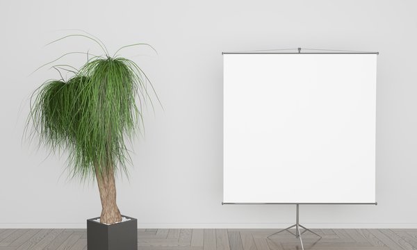 White background with projection screen and a big plant 3D illustration	