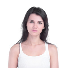 close up portrait of stylish young pretty woman smiling in white t-shirt