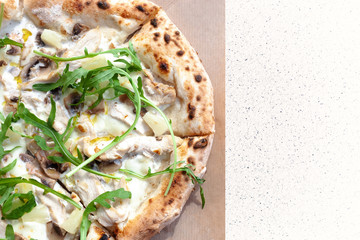 pizza with cheese, mushroom,pineapple, chicken and vegetables. lunch and fast food concept.
