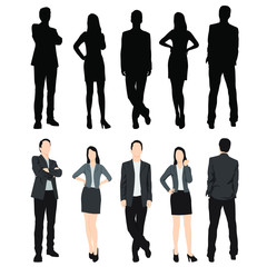 Set of silhouettes of men and women standing in different poses, cartoon character, group of business people, vector illustration, flat designe icon, isolated on white 