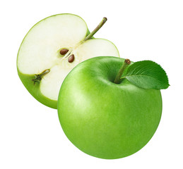 Green apple and half isolated on white background