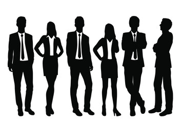 Set of silhouettes of men and women standing in different poses, cartoon character, group of business people, vector illustration, flat designe icon, isolated on white 