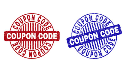Grunge COUPON CODE round stamp seals isolated on a white background. Round seals with grunge texture in red and blue colors.