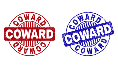 Grunge COWARD round stamp seals isolated on a white background. Round seals with grunge texture in red and blue colors. Vector rubber imprint of COWARD title inside circle form with stripes.