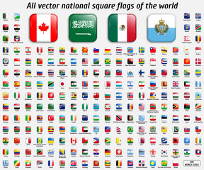 Vector collection of 208 national square flags with detailed emblems and transparent effect